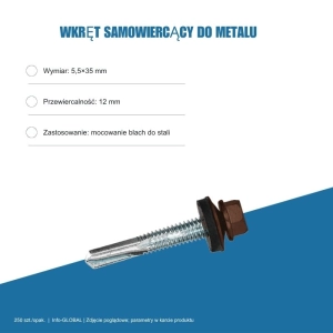 Wkręt samowiercący do metalu 5,5x35 mm, przewiercalność 12 mm, EPDM, 250 szt. – kolor do wyboru
